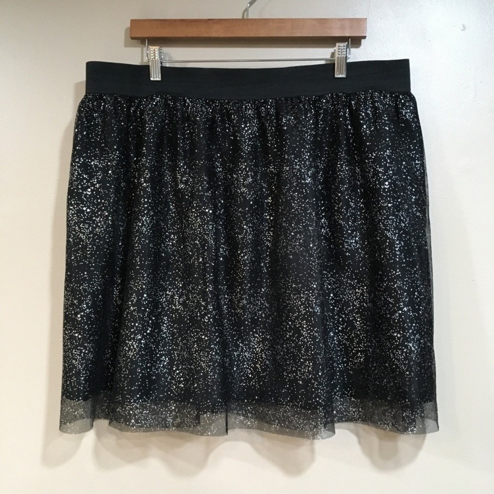 Celestial Glitter Tulle Mini Skirt Womens XL Black Party Festive Glam Metallic